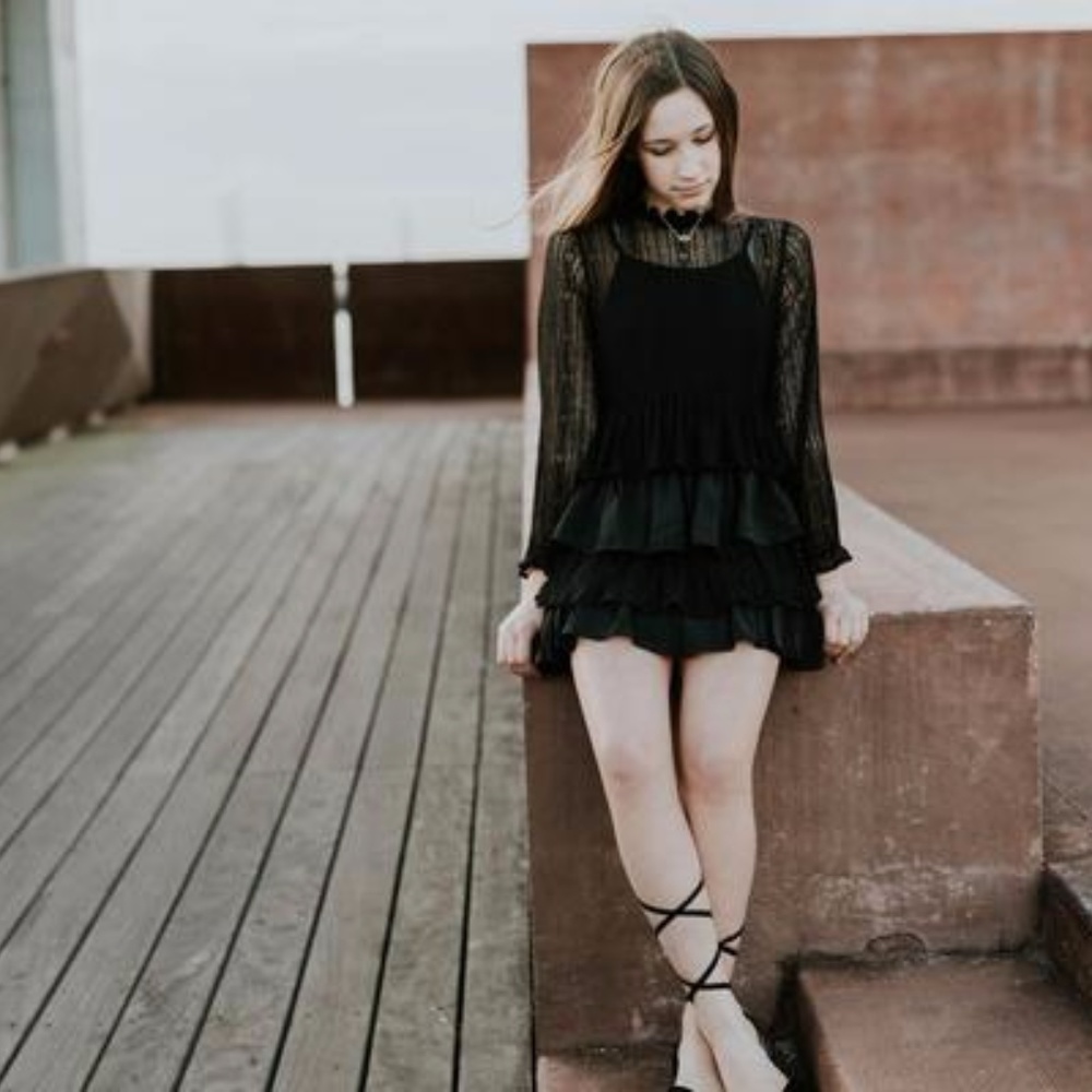 Girls Black Tiered Lace Dress